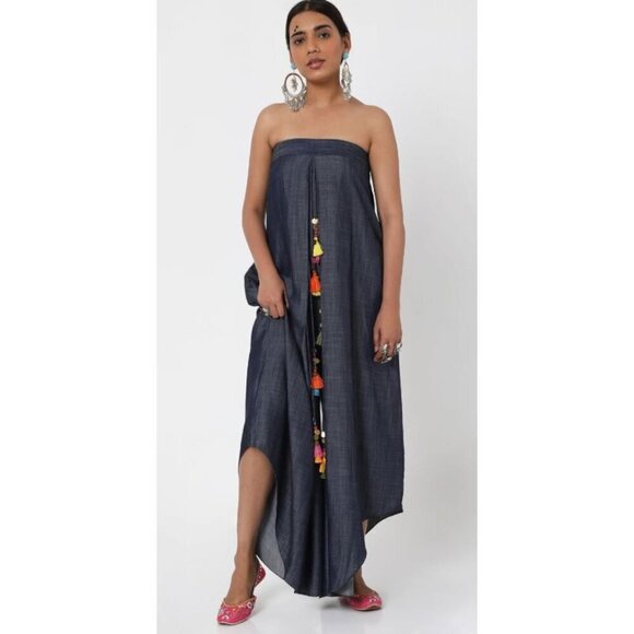 Style Junkiie Pants - Style Junkiie Women's Blue Denim Tassel Jumpsuit Off the Shoulder Size 10 NWOT